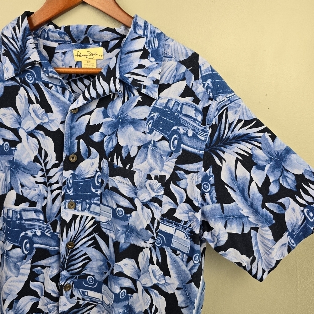 PANAMA JACK Short Sleeve Button-up Shirt Floral/Cars Print Blue Mens Sz L - Picture 3 of 12